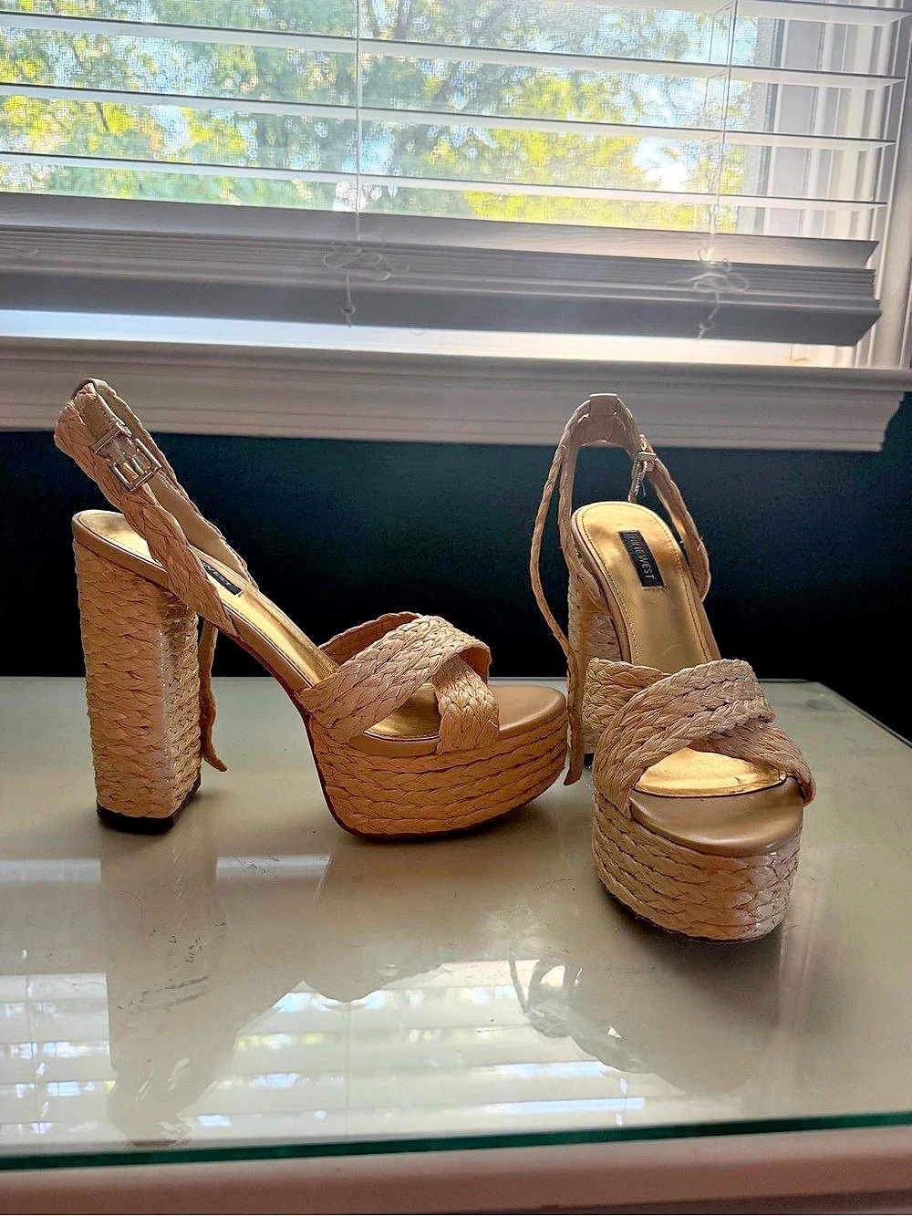 Nine West Weston Platform Sandals Woven Brown Heels